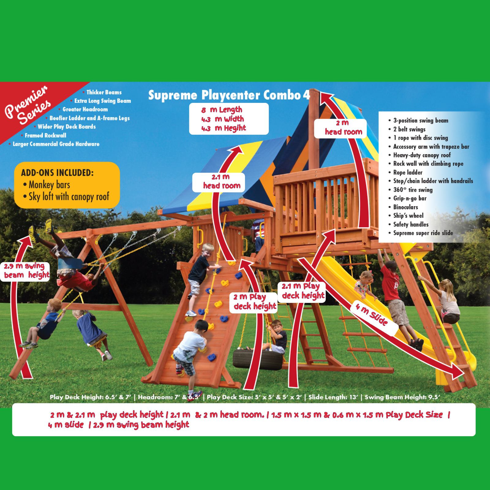 Children playing on a wooden playground set with monkey bars, slides and swings against a blue sky.