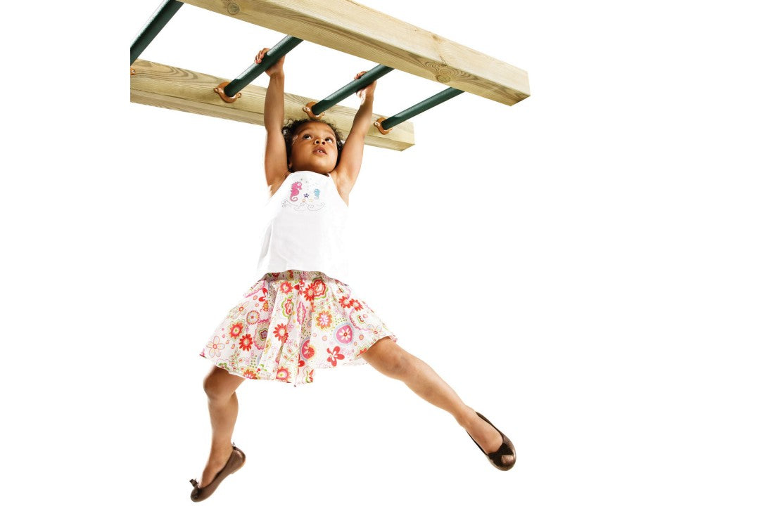 girl swinging on money bars which can also be used as steps or gymnastics bars