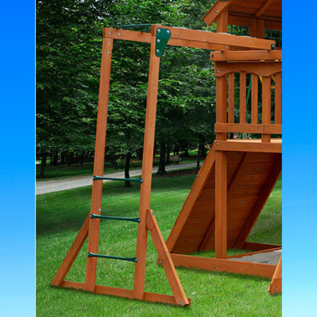 Children playing on a wooden playground set with green slides and swings in a backyard.