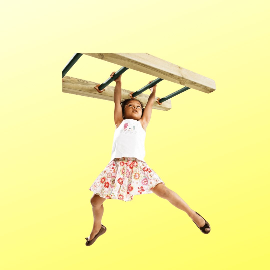 Child swinging from green monkey bars