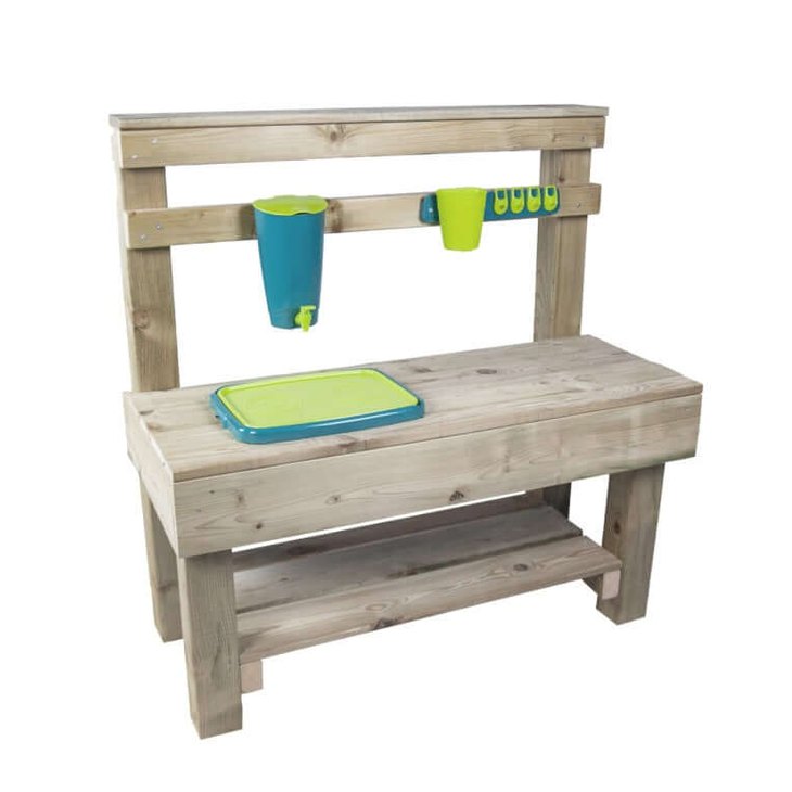 wooden bench with mud kitchen with accessories