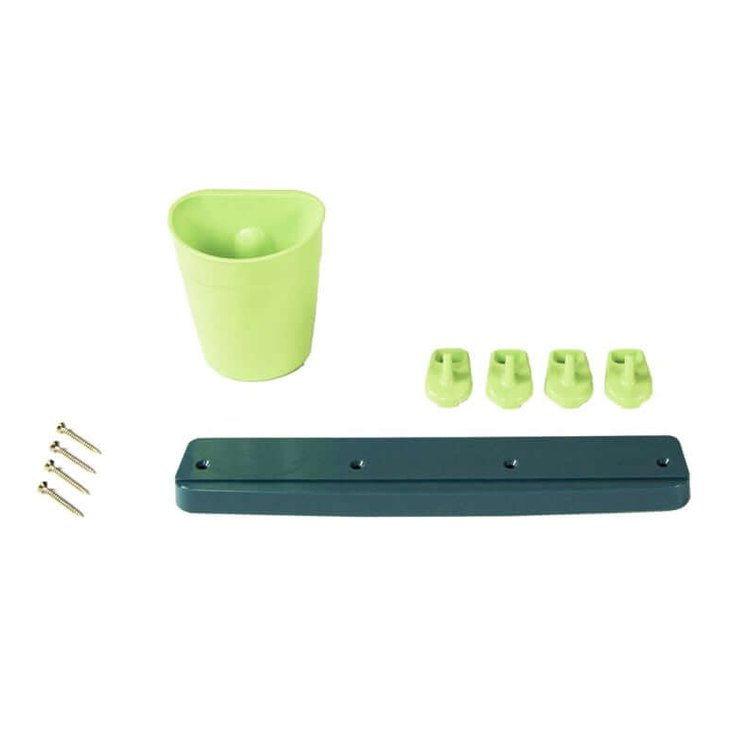 mud kitchen storage rack and container in teal