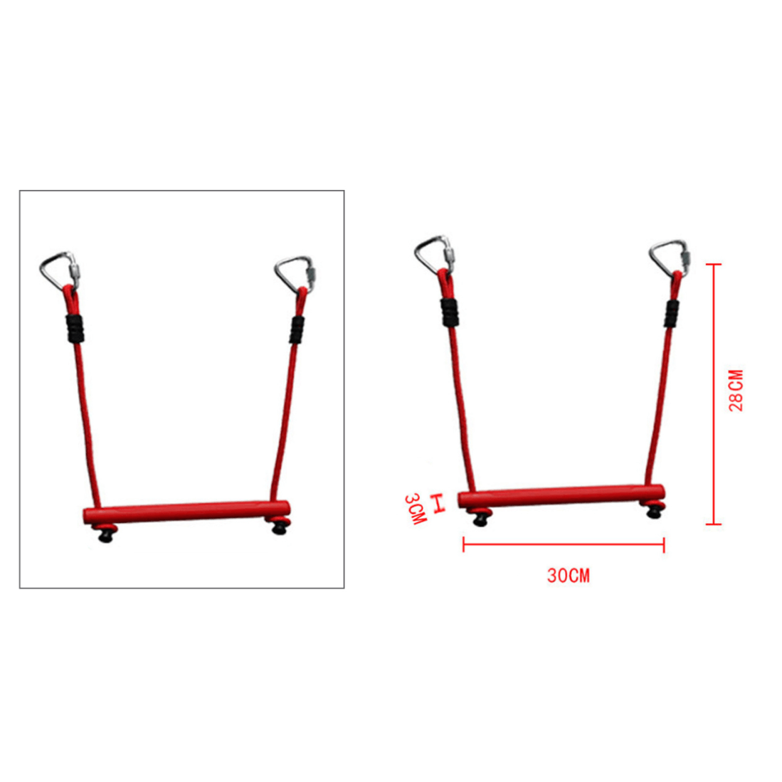 red trapeze bar with measurements for size.