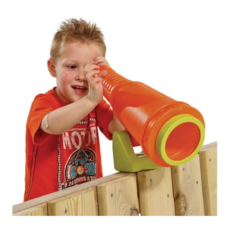 child playing with an orange playground  telescope on a wooden fence