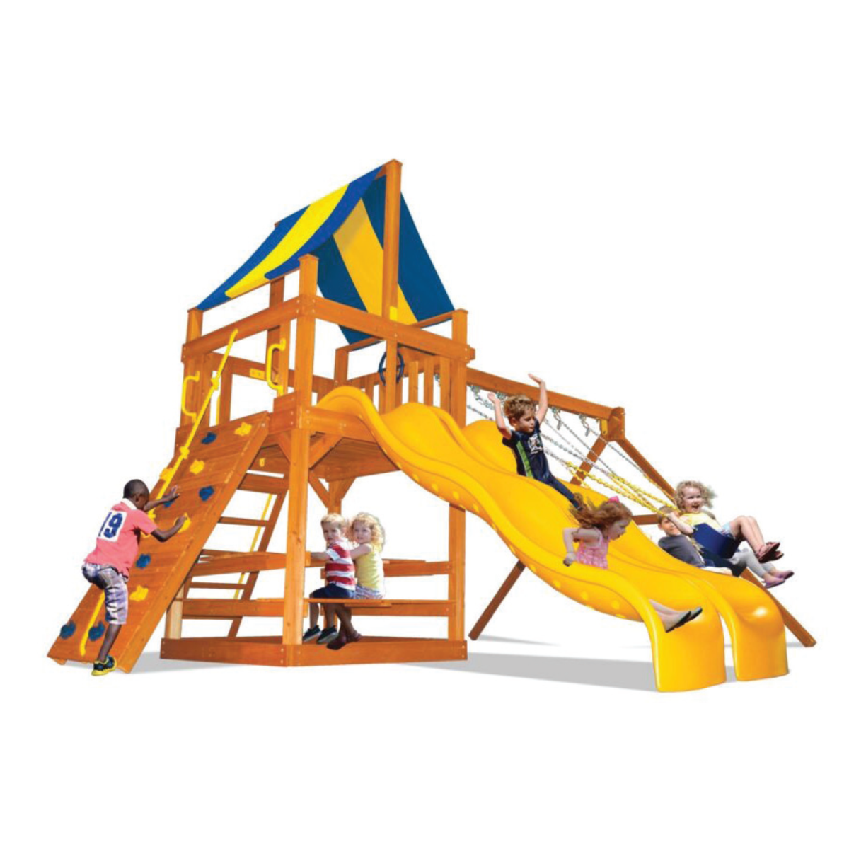 A wooden playground with 2 yellow slides. Children playing on the playgroudn and slides.