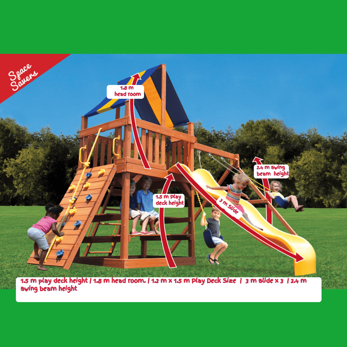 A large wooden outdoor playset with a climbing ladder, elevated play room, yellow slide, and hanging beam, shown with children using it in a grassy park. 