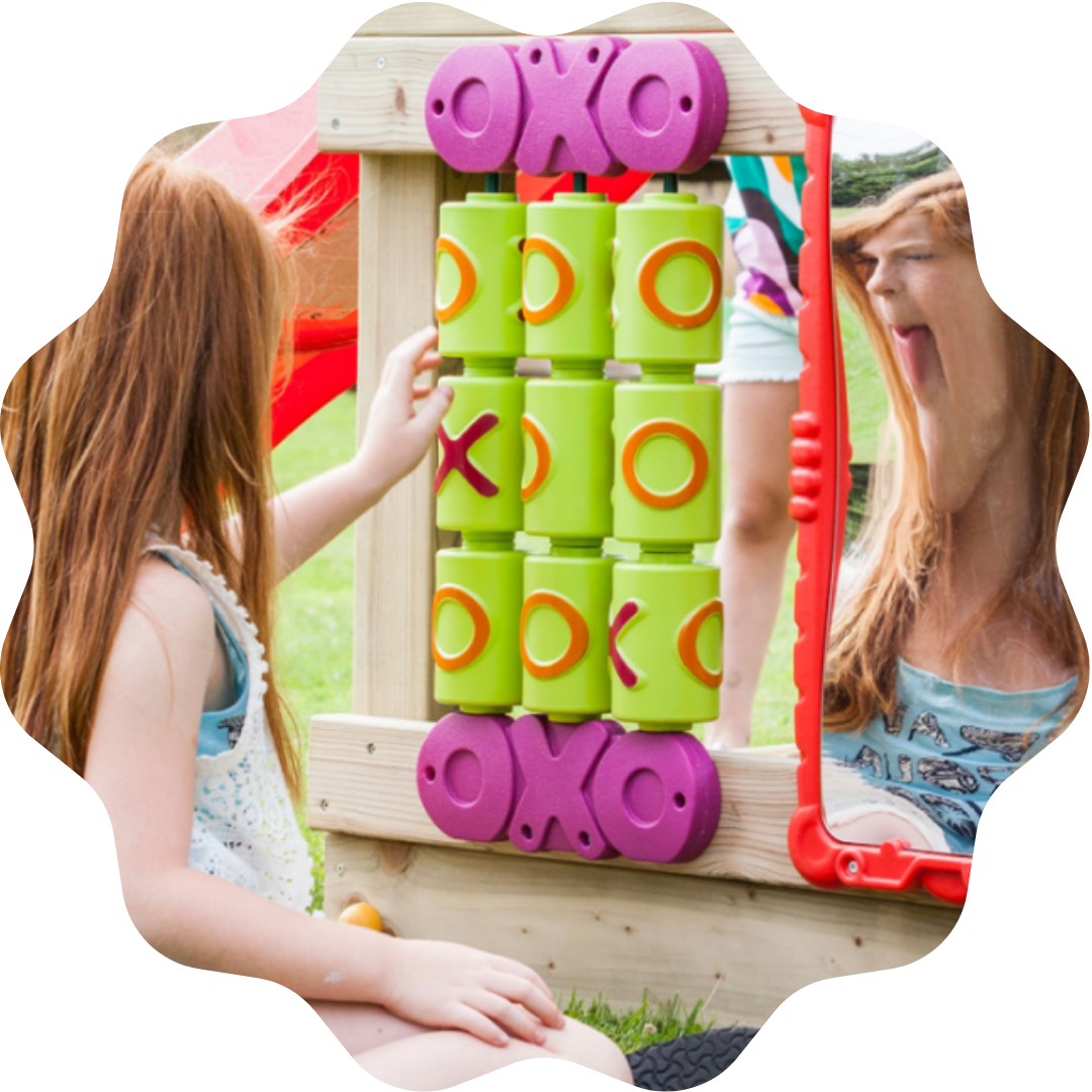 Children playing with a tic tac toe  & wavy haha mirror