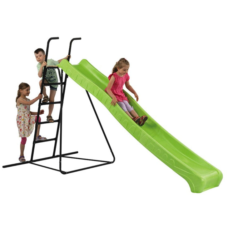 Children playing on a green slide with a black ladder 