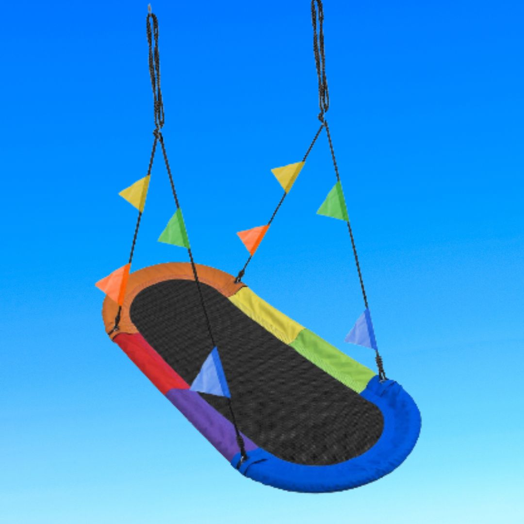 multi-coloured boat style swing ready for multiple children to play on