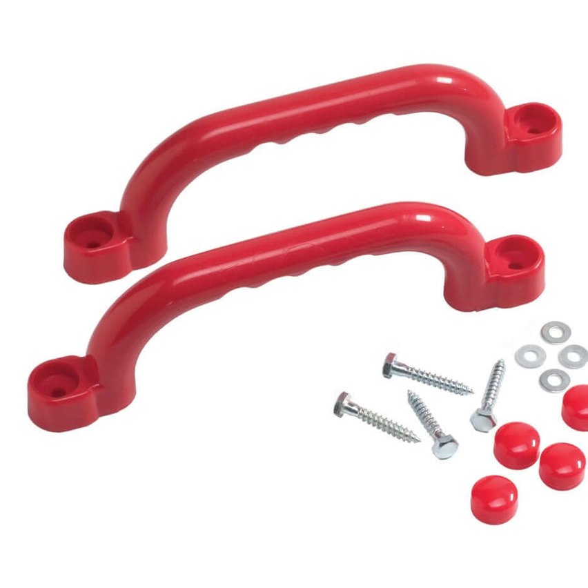 2 red plastic handles for playground,  plus screws and screw covers.