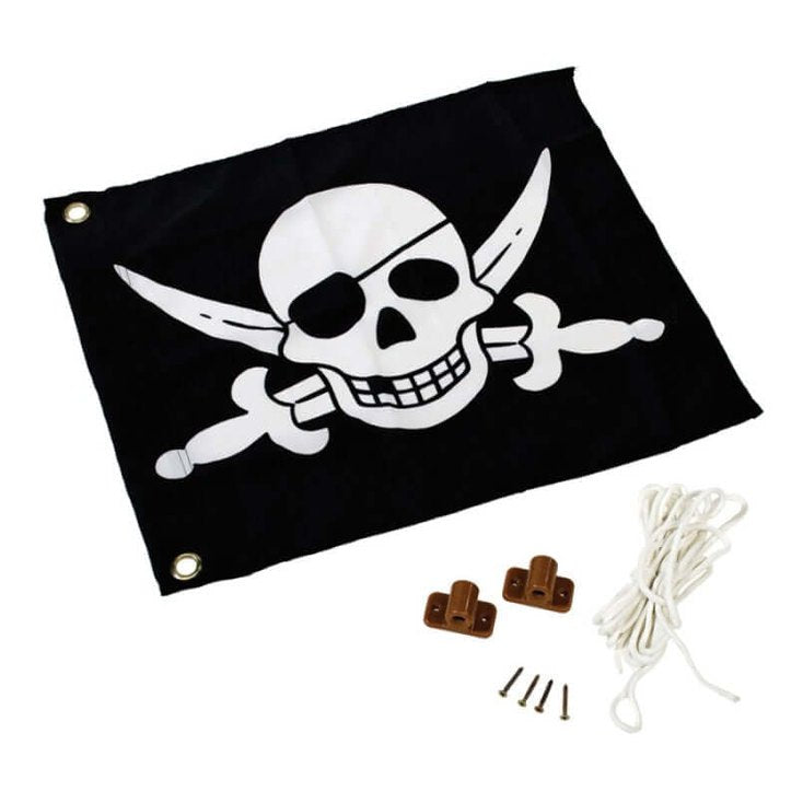 child hoisting pirate flag on post. optional flags, princess or pirate