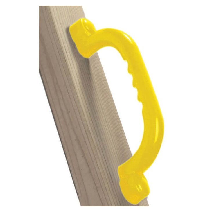 Yellow safety handle attached to a wooden playground post
