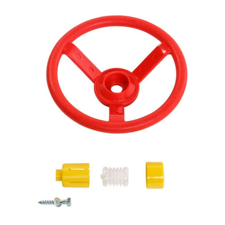 Red playground steering wheel with yellow horn