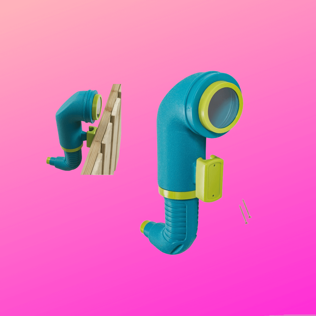 Turquoise and green periscope for use on playground or wooden fence