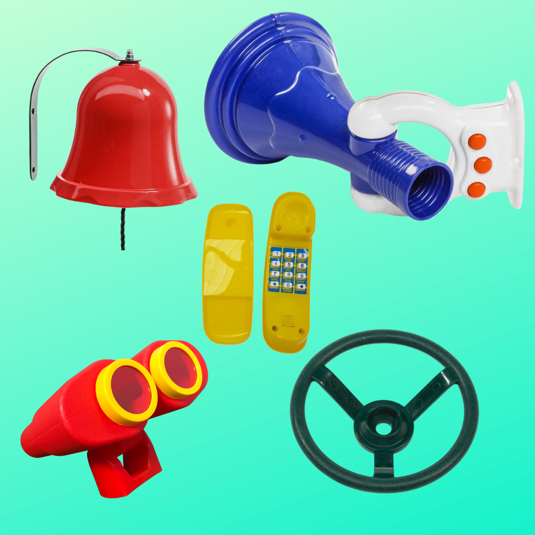 bell, megaphone, telephone, steering wheel and binoculars in a bundle adventure pack