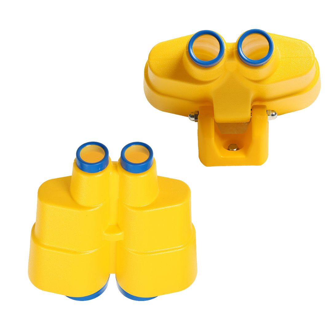 Yellow plastic playround binoculars with blue-rimmed eyecups