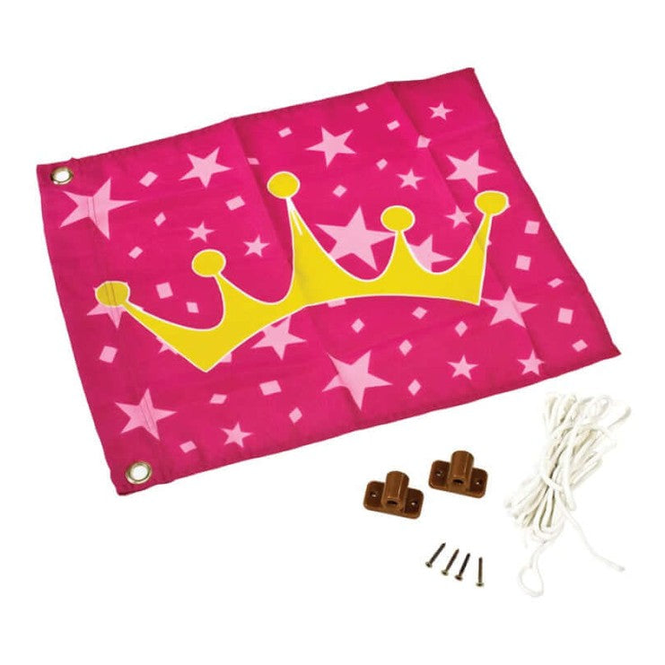 pink princess flag with gold crown and silver stars on it