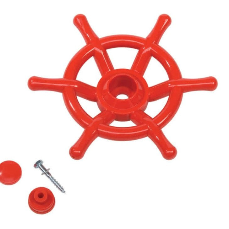 Red boat style playground steering wheel with mounting hardware on a white background