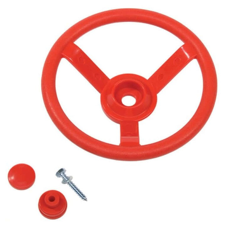 red steering wheel with three spokes, plus hardware to secure to wall
