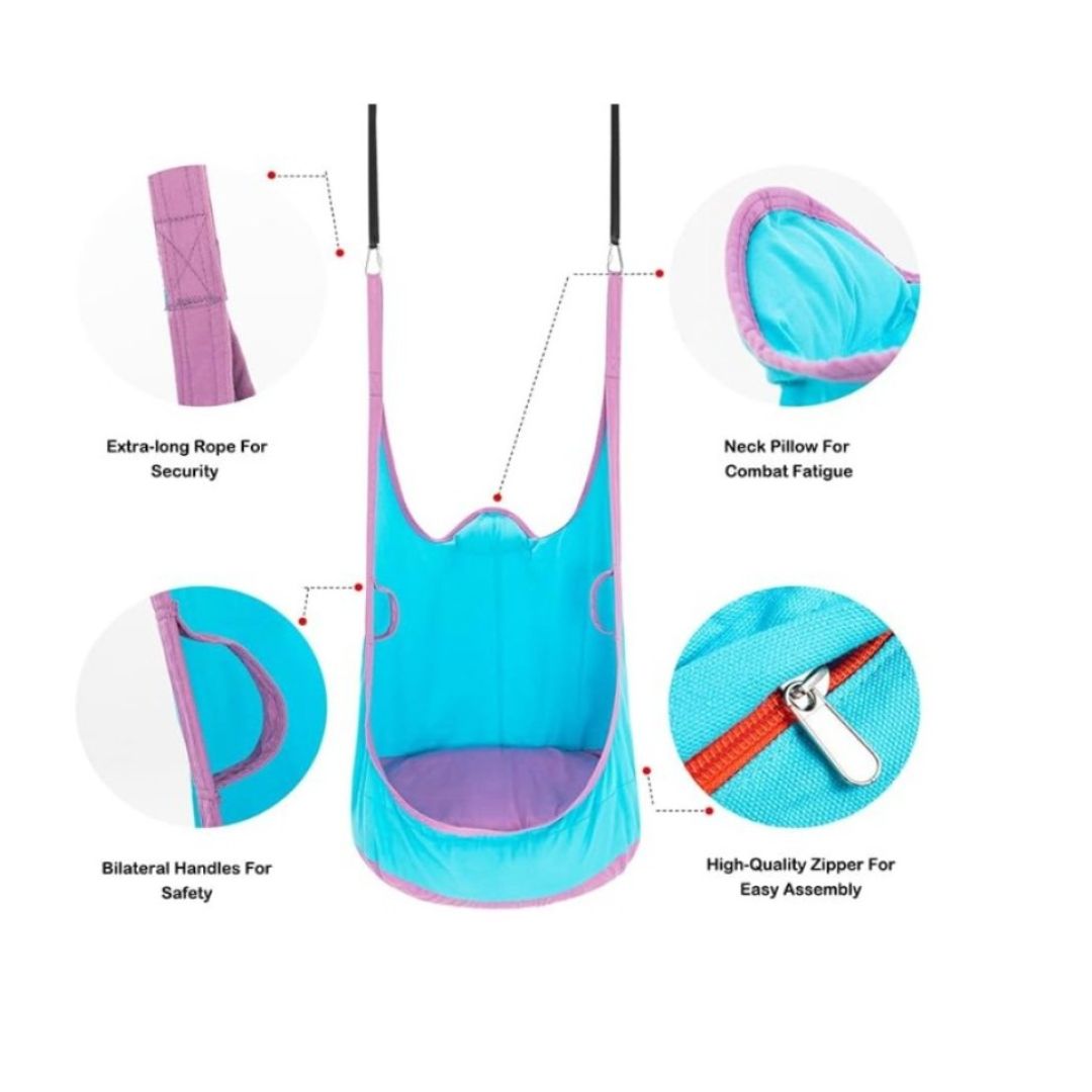 sesory pod chair that is hanging, then zoomed in images of hangers, zip, neck pillow and more