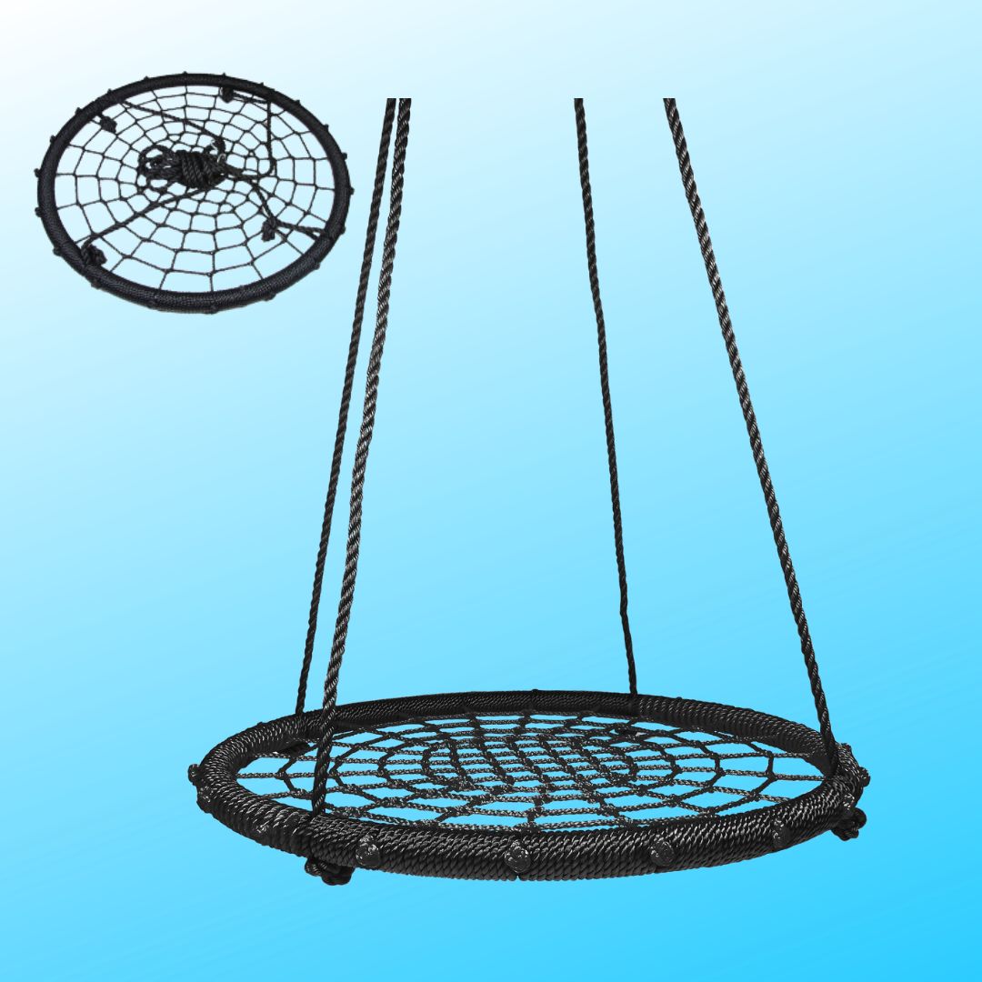 black round 60cm web spider swing for shared play