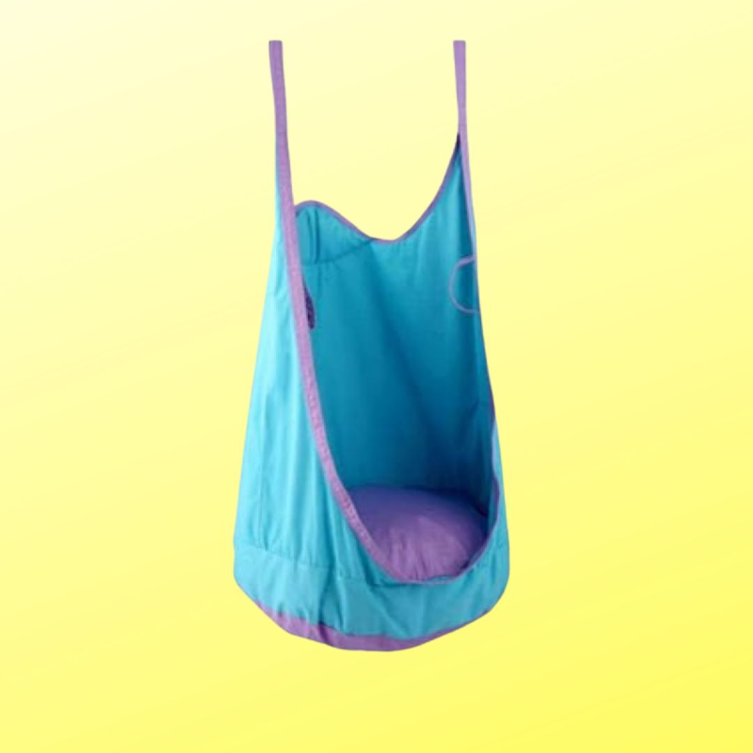 A fabric hanging chair or hammock-style seat in bright turquoise blue with purple trim and a purple cushion inside.