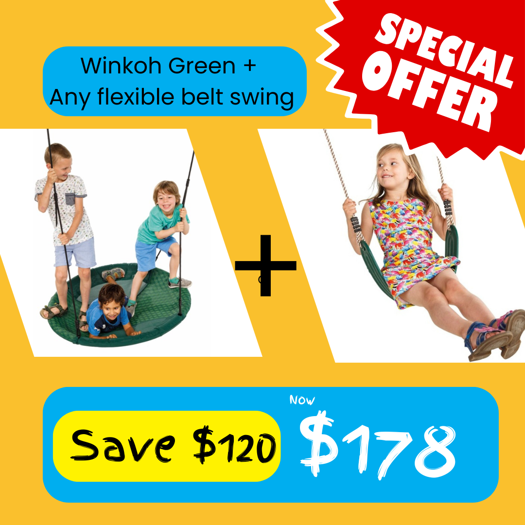 children playing on winkoh and flexible belt swings. Save $120 offer