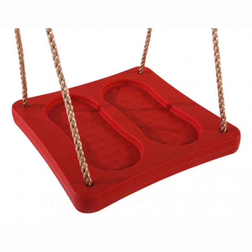 red swing and ropes designed for swinging while standing up