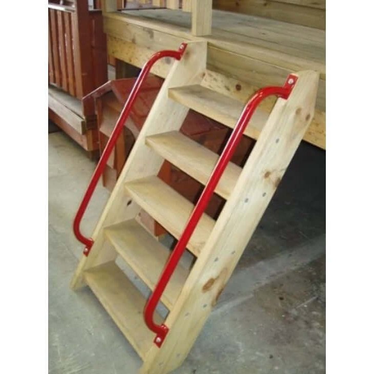 Wooden ladder with red steel handrails