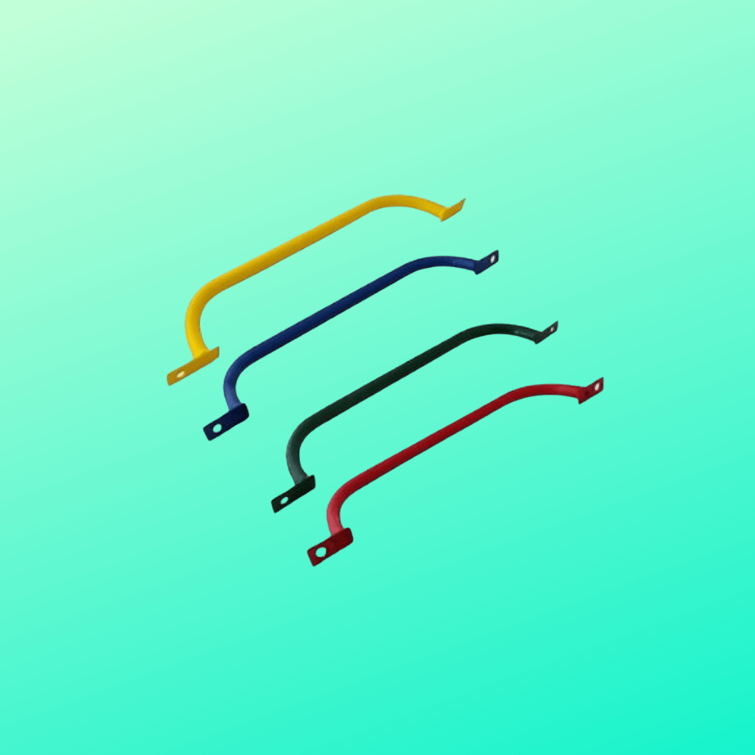 Four metal straps in yellow, blue, black, and red . 60cm in length