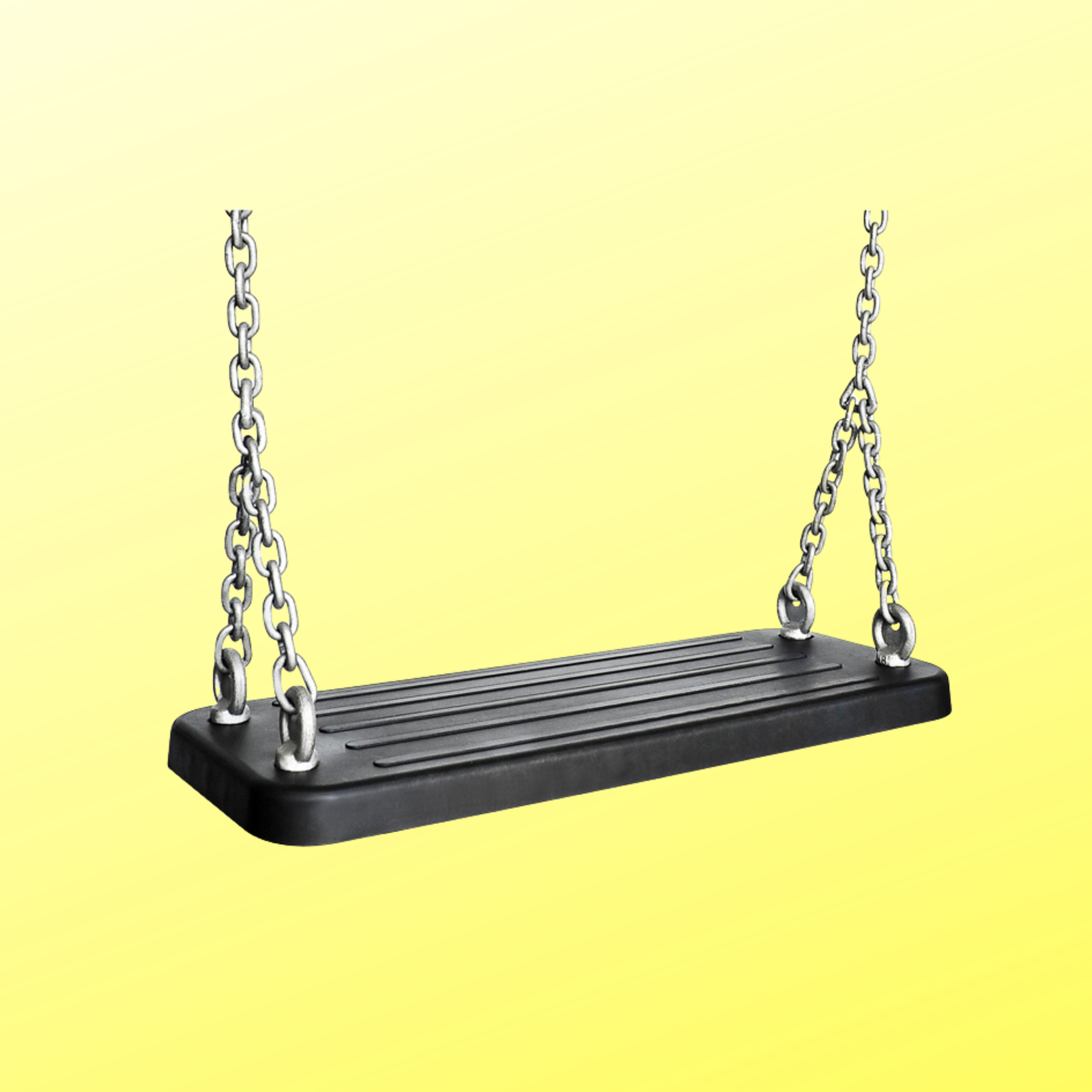 A black rubber swing seat suspended by two silver metal chains against a bright yellow gradient background.