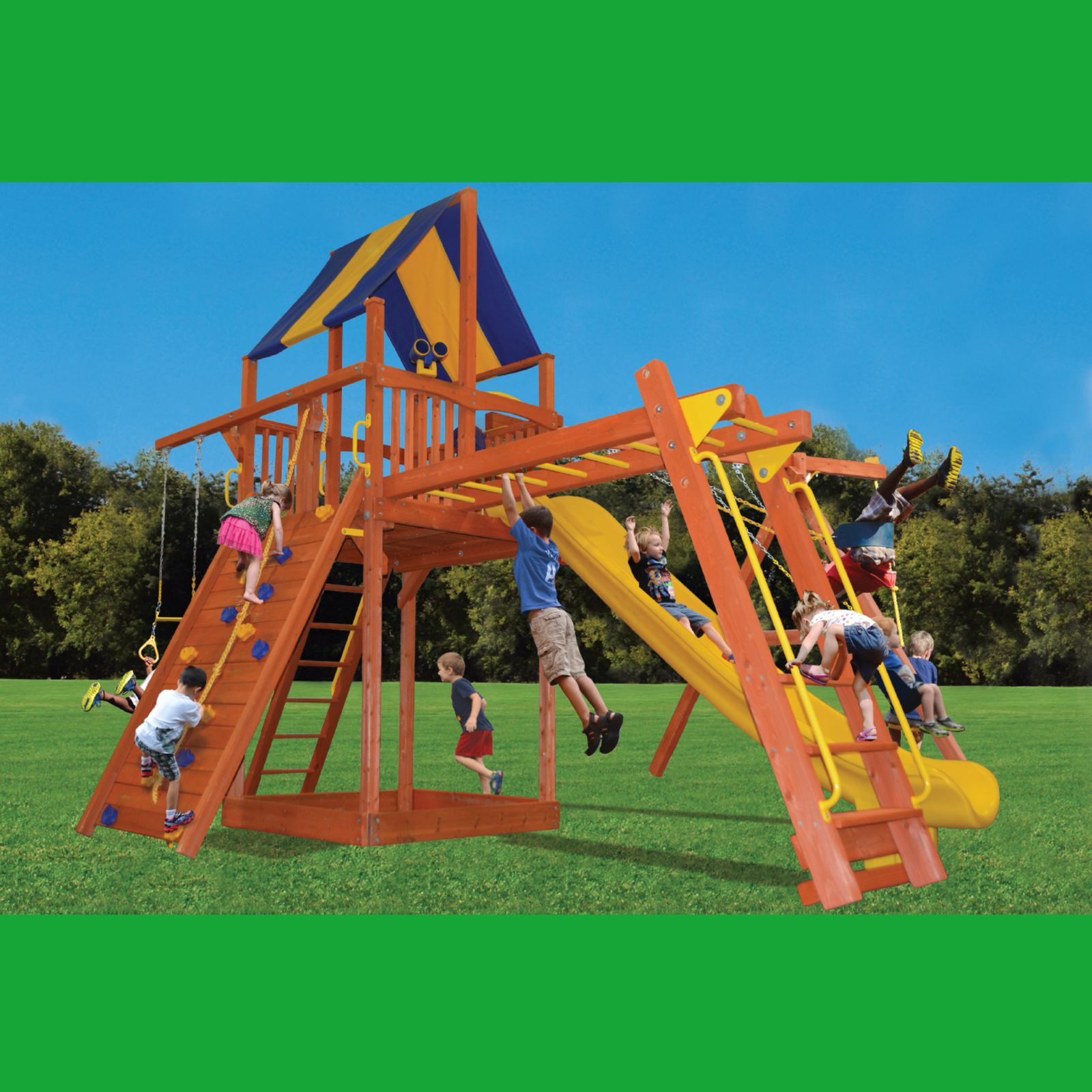 Children playing on a colorful playground set with slides, swings and monkey bars