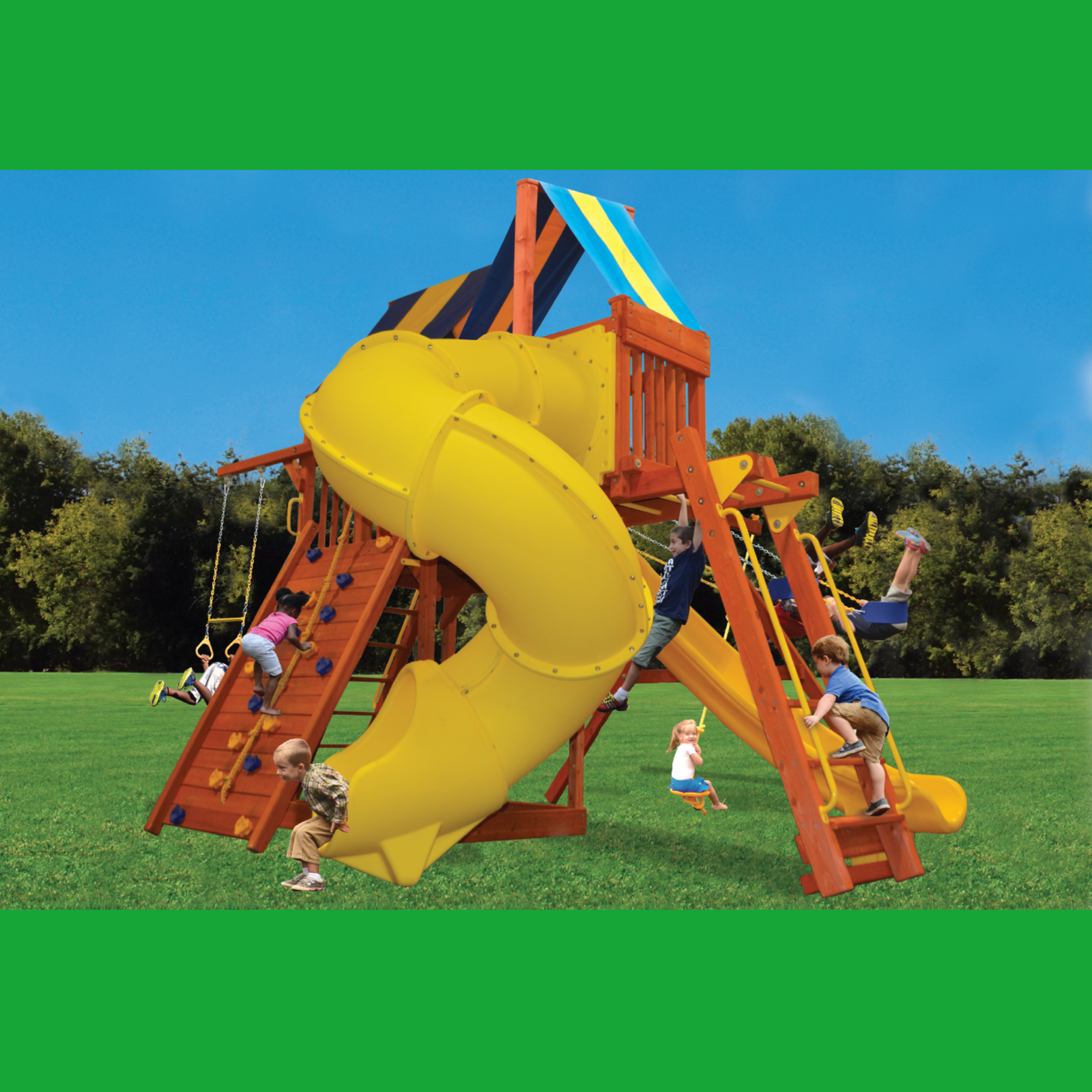 Colorful playground with children playing on a sunny day