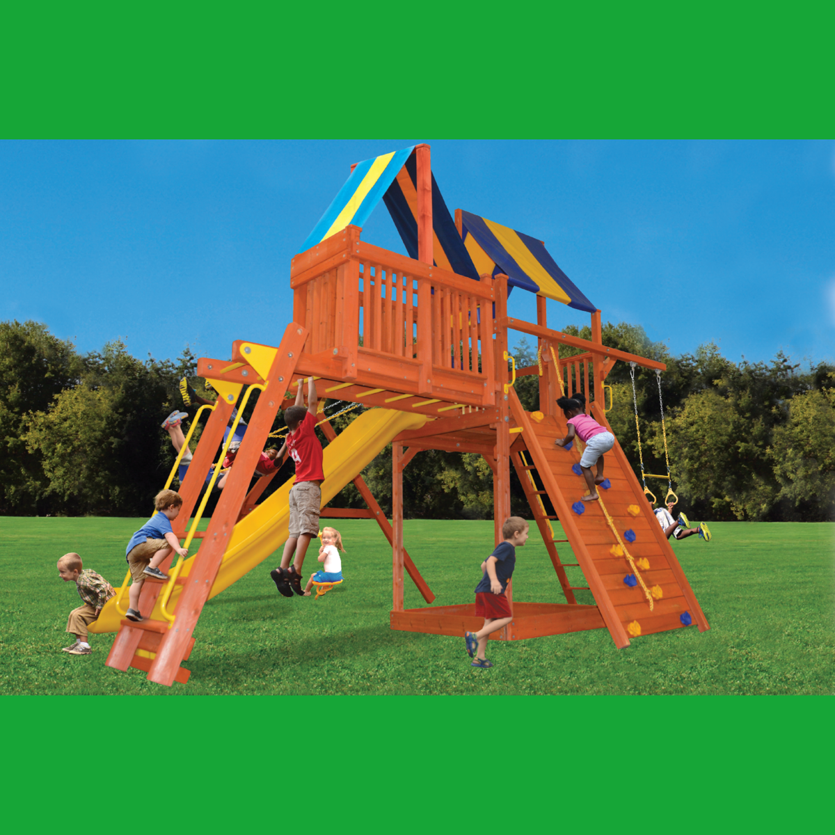 Children playing on a colorful playground set with a blue sky and green grass background.