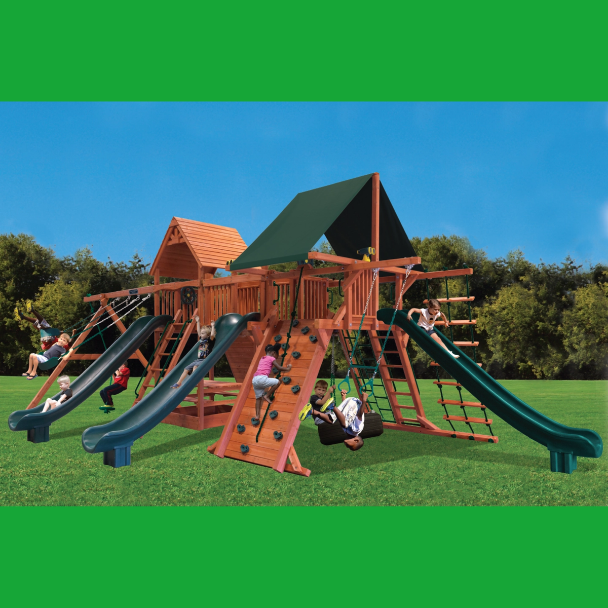 Children playing on a wooden playground set with slides and climbing structures.
