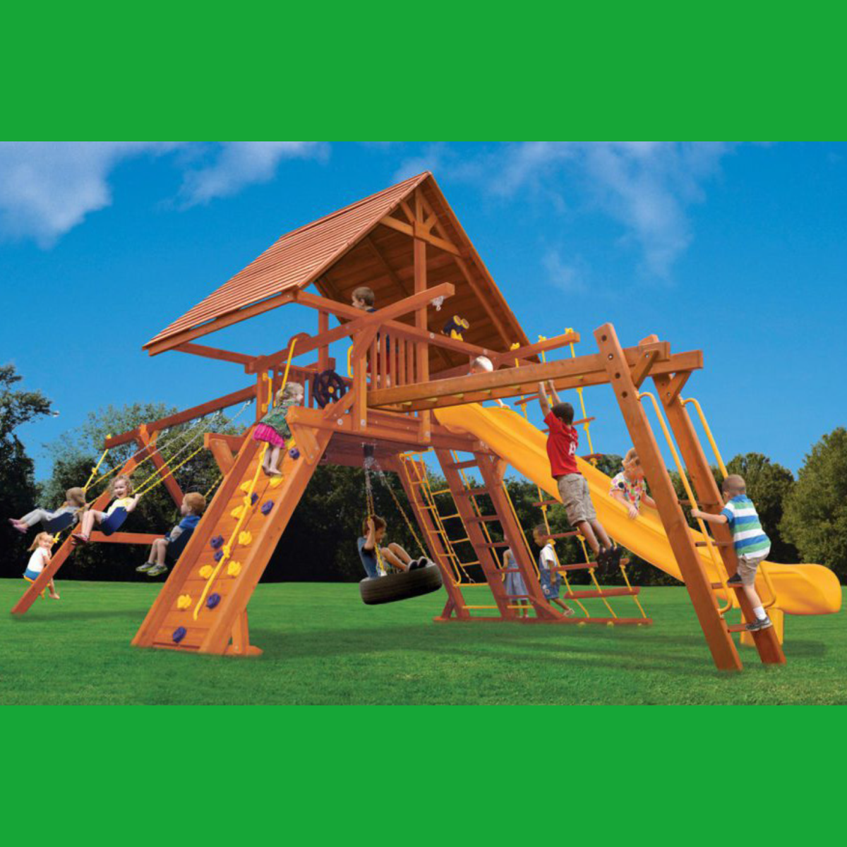Wooden playground with children playing on a sunny day