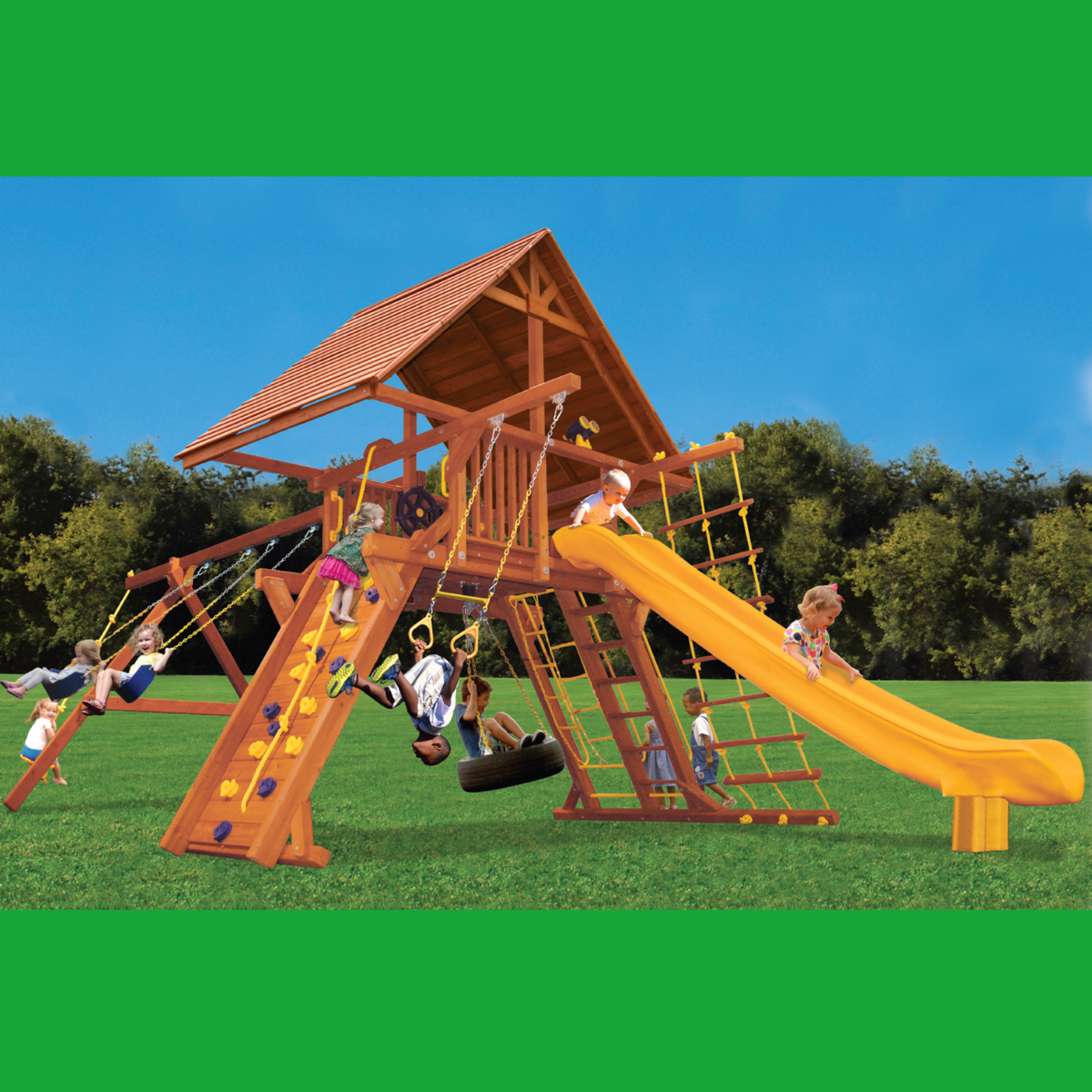 Children playing on a wooden playground set with a yellow slide and swings against a blue sky.
