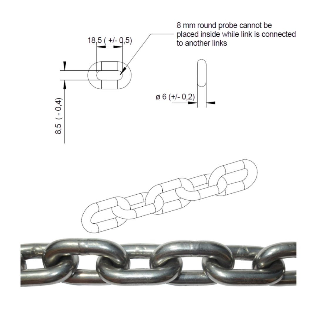 diagram showing the measurements of the commercial grade stainlness steel swing chain