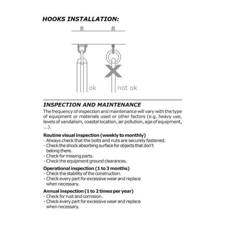 Instructions for swing hook installation and inspection on a white background