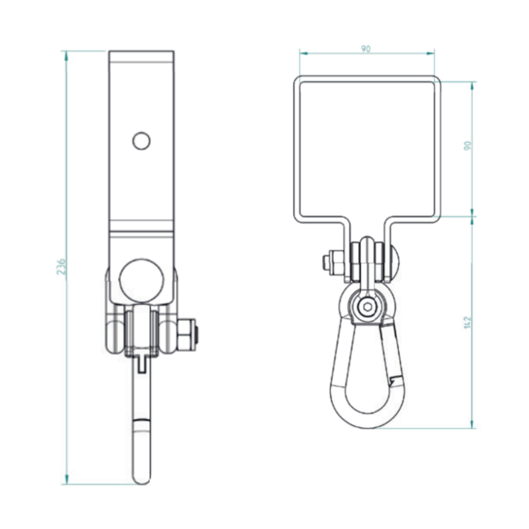 metal swing bracket that goes around swing beam. has snap hook to hand swing from