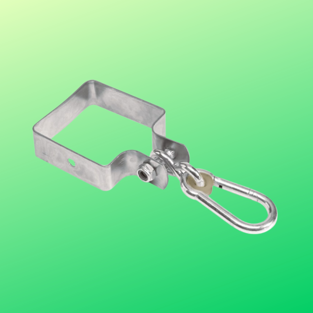 metal swing bracket that goes around swing beam. has snap hook to hand swing from