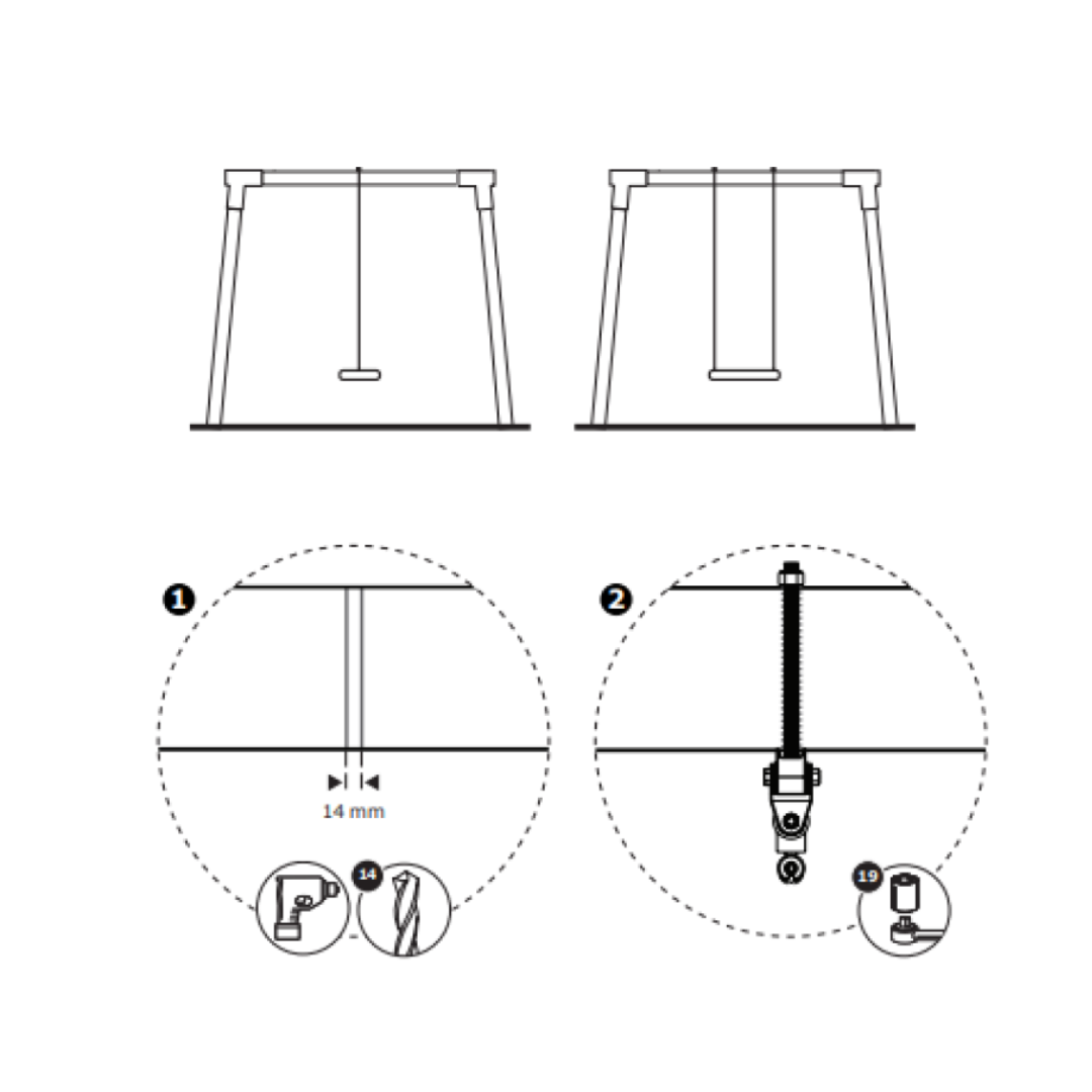 diagram showing the measurements of the commercial grade swing hanger - through the swing beam