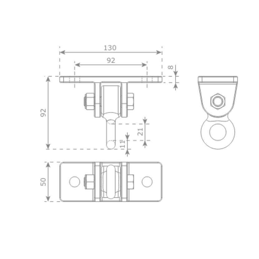 diagram showing the dimensions of the swing hanger bracket