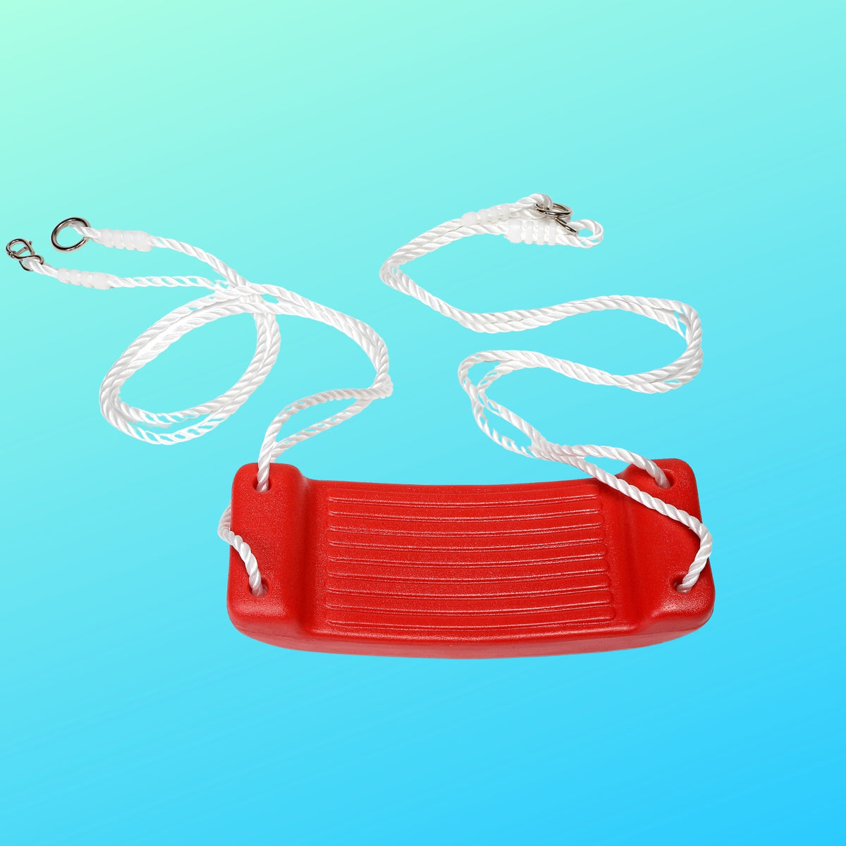 red plastic swing seat with white rope. curved for extra support
