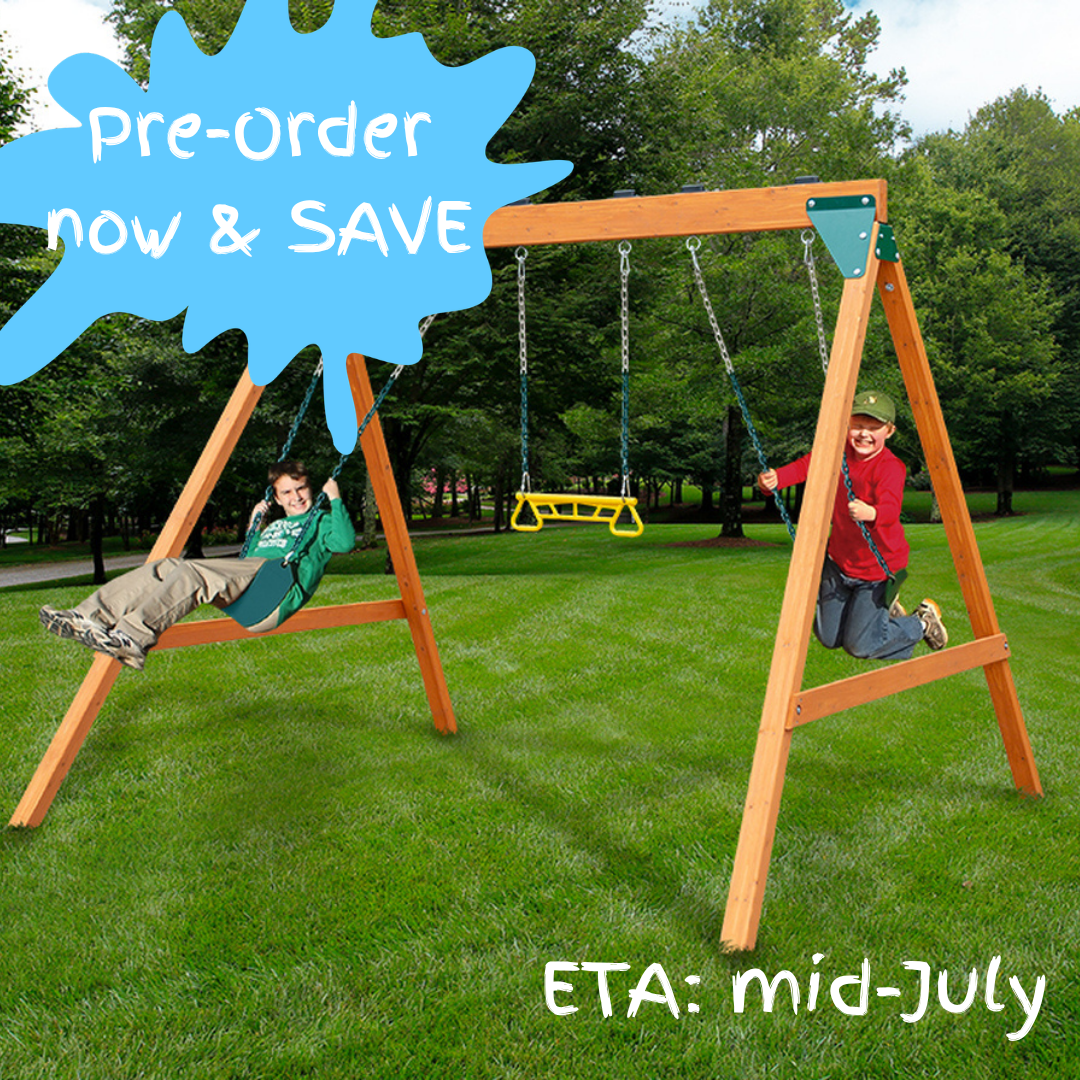 Children playing on a wooden swing set in a nz backyard with preorder offer in text overlay