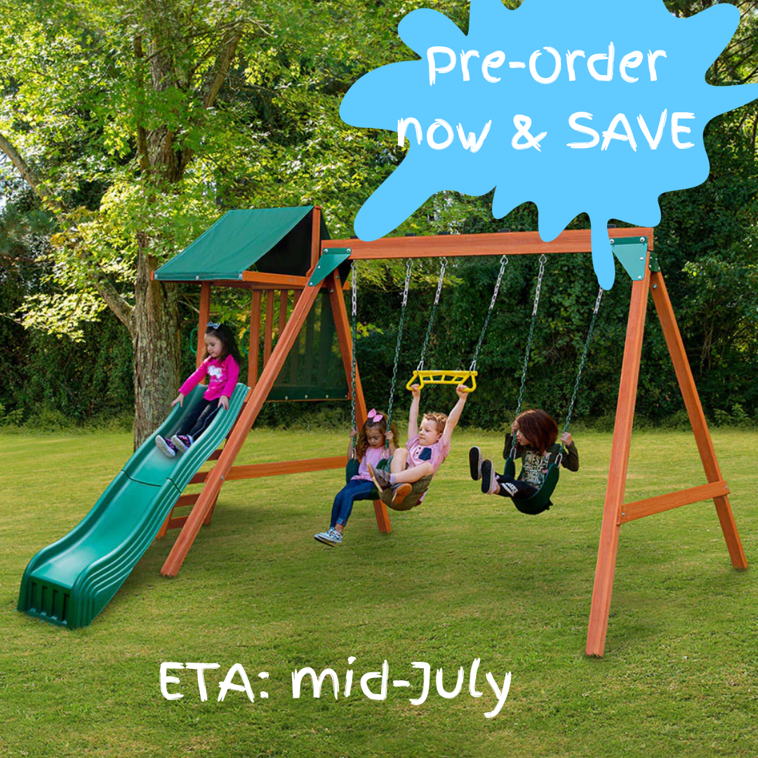 Children playing on a swing set with a pre-order promotion text overlay.