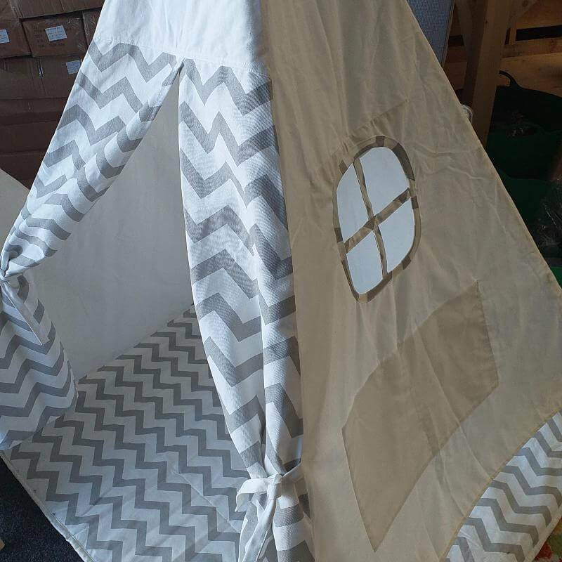 heavy cotton teepee in grey and white zig zag pattern for children's play in nz