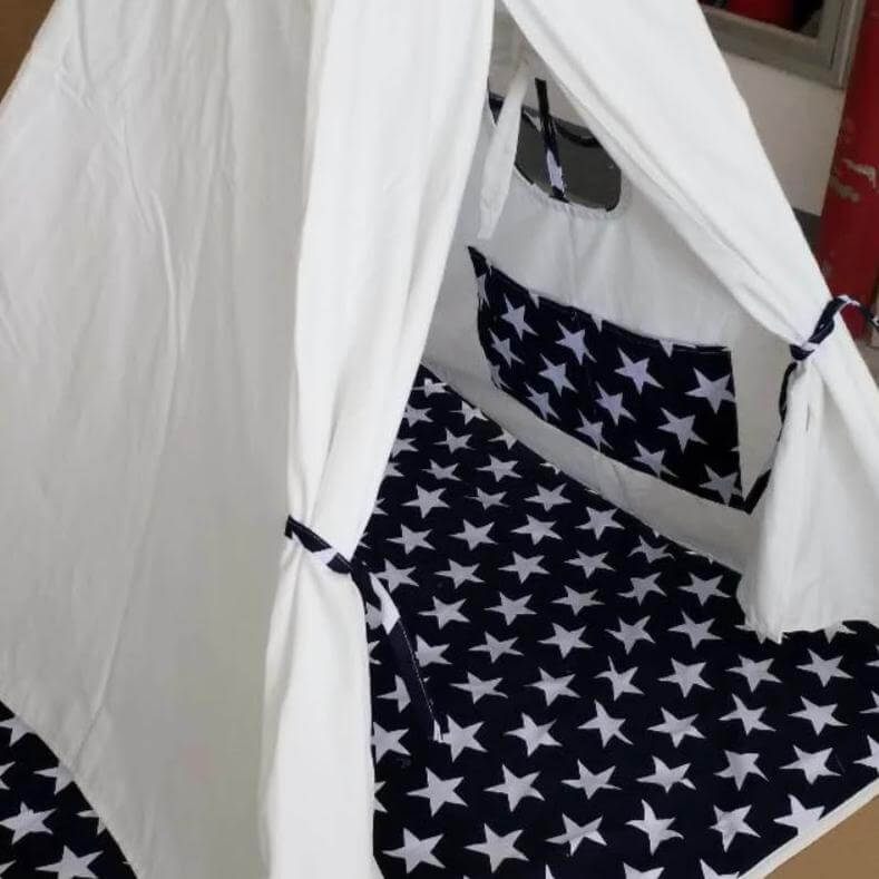 navy and white cotton kids teepee with stars on it