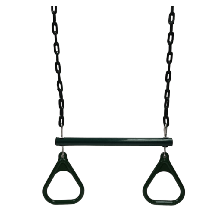 Green trapeze bar with triangle grips and plastisol coated safety chains