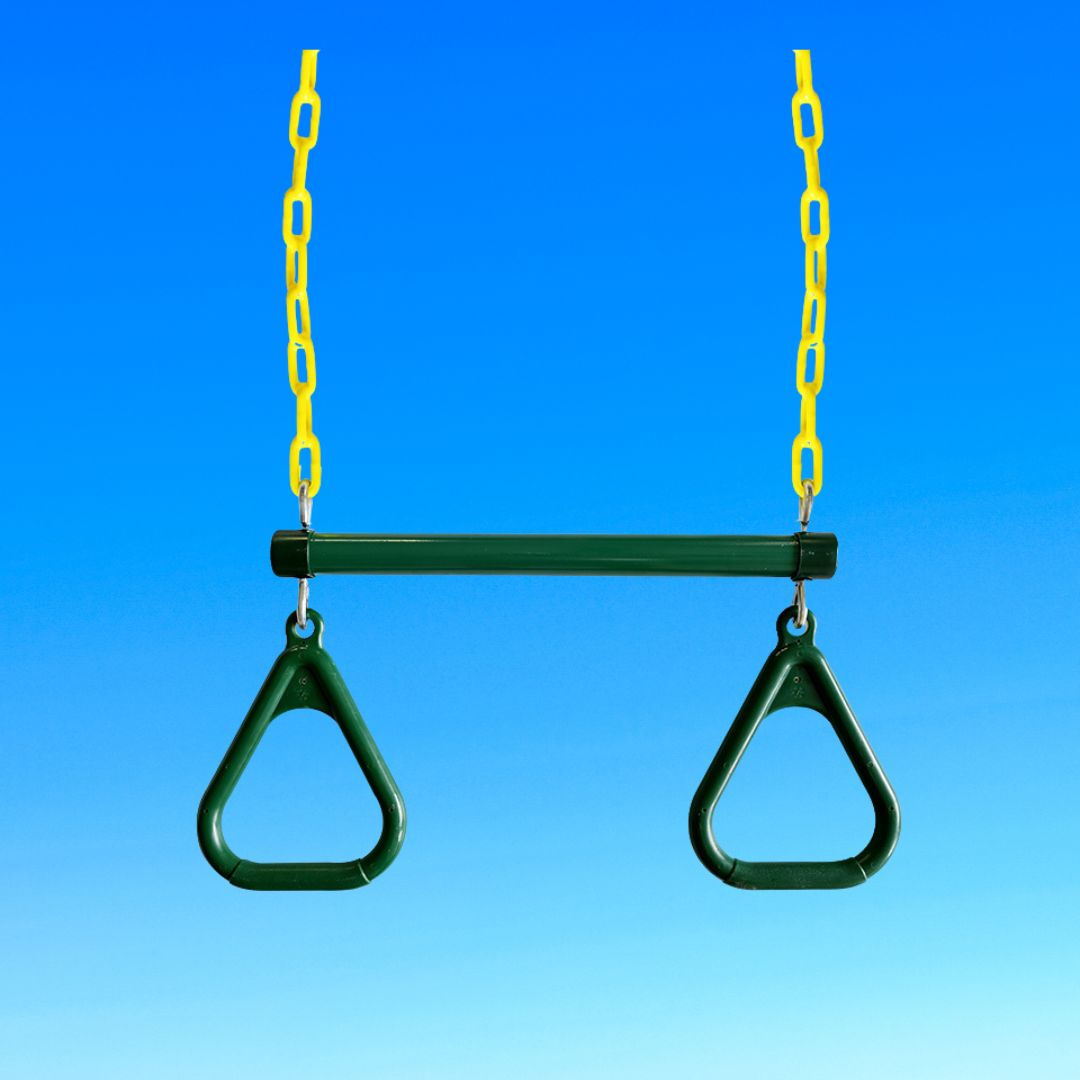 green steel trapeze bar with triangle grips and yellow plastisol coated chain.